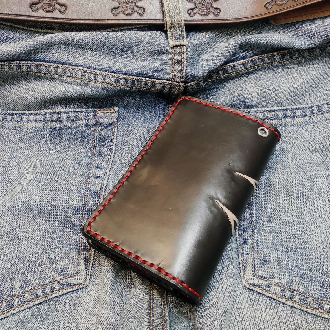 Handmade Leather Wallet Biker Style Engraved With Red Devil By Another Way of Life